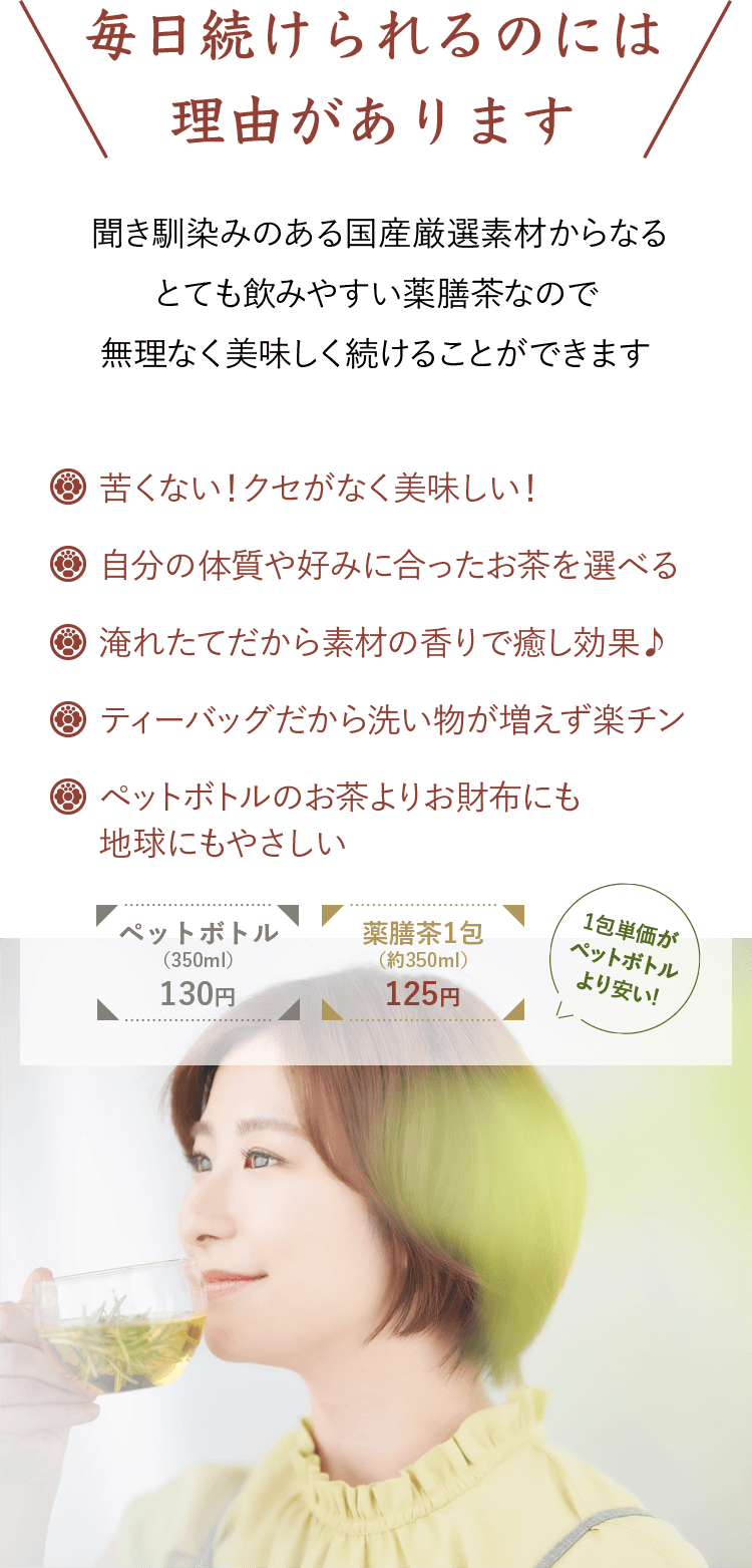毎日続けられるのには理由があります。 聞き馴染みのある国産厳選素材からなる、とても飲みやすい薬膳茶なので、無理なく美味しく続けることができます。・苦くない！クセがなく美味しい！・自分の体質や好みに合ったお茶を選べる・淹れたてだから素材の香りで癒し効果・ティーバッグだから洗い物が増えず楽チン・ペットボトルのお茶よりお財布にも地球にもやさしい。ペットボトル（350ml）130円、薬膳茶1包（約350ml）125円。1包単価がペットボトルより安い!