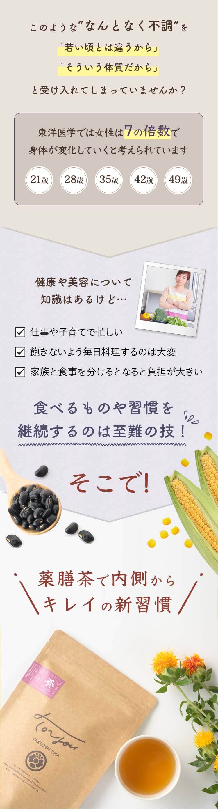 このような“なんとなく不調“を「若い頃とは違うから」「そういう体質だから」と受け入れてしまっていませんか？東洋医学では女性は７の倍数で身体が変化していくと考えられています。健康や美容について知識はあるけど…・仕事や子育てで忙しい・飽きないよう毎日料理するのは大変・家族と食事を分けるとなると負担が大きい。食べるものや習慣を継続するのは至難の技！そこで!薬膳茶で内側からキレイの新習慣